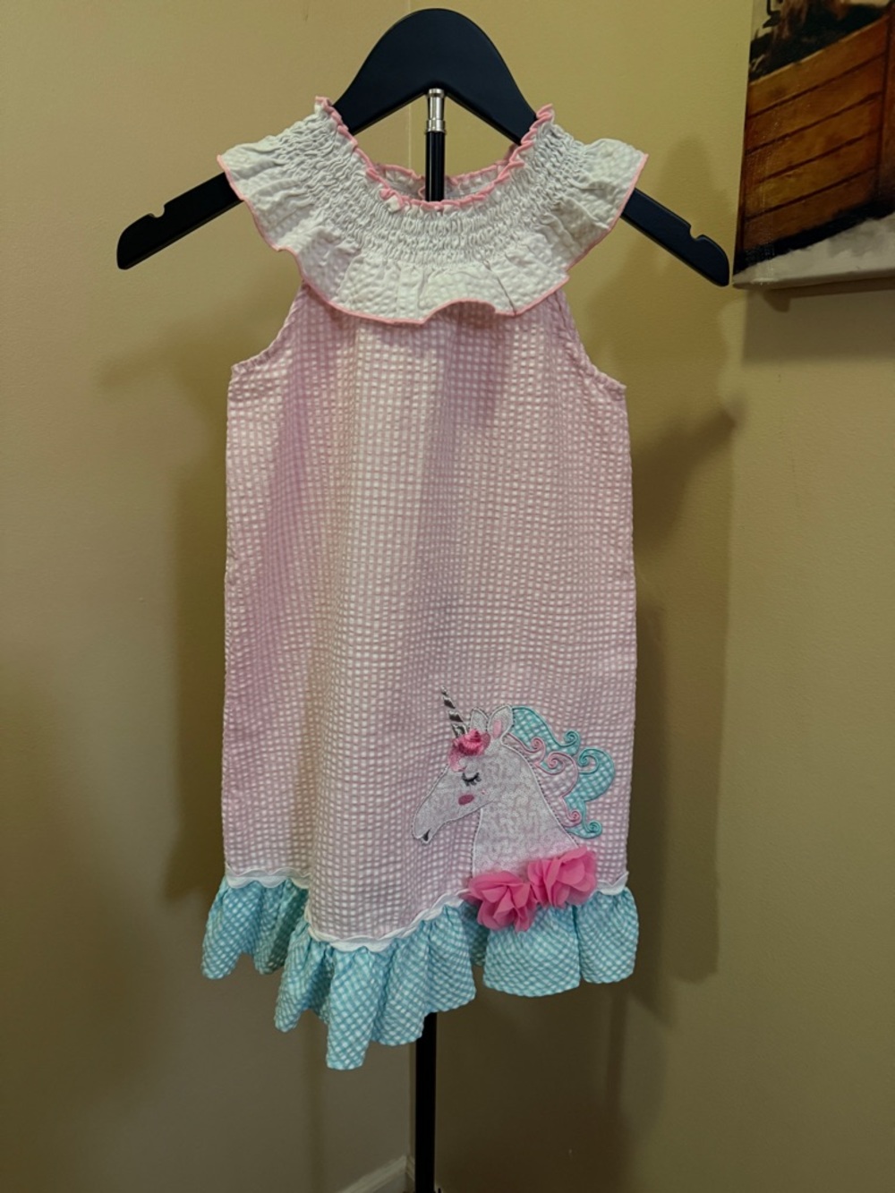 🦄 EUC Sz 6 Girls Bonnie Jean Seersucker Unicorn Dress 🦄